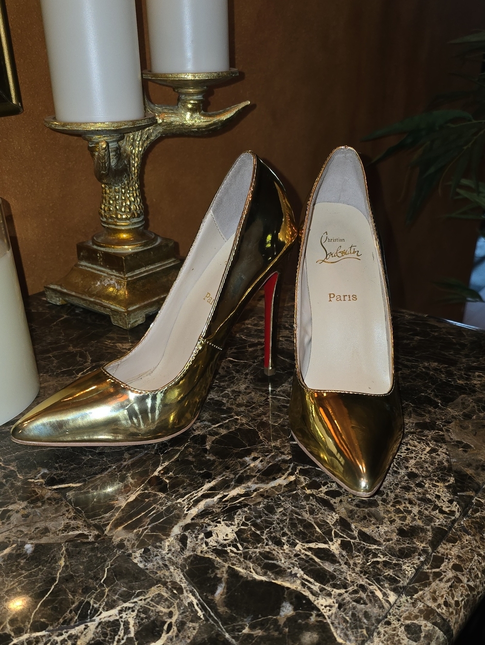 Christian Louboutin Gold Patent Pigalle 100mm Pointed-Toe Pumps Size 42/9.5